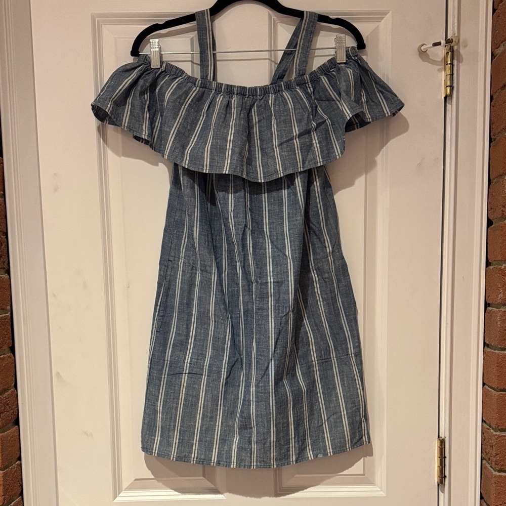 J. Crew Blue and White Off the Shoulder with Straps Striped Dress